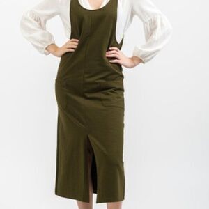 Jackson Rowe | Olive Pocket Front-Slit Overall Midi Dress // Size Medium // BNWT